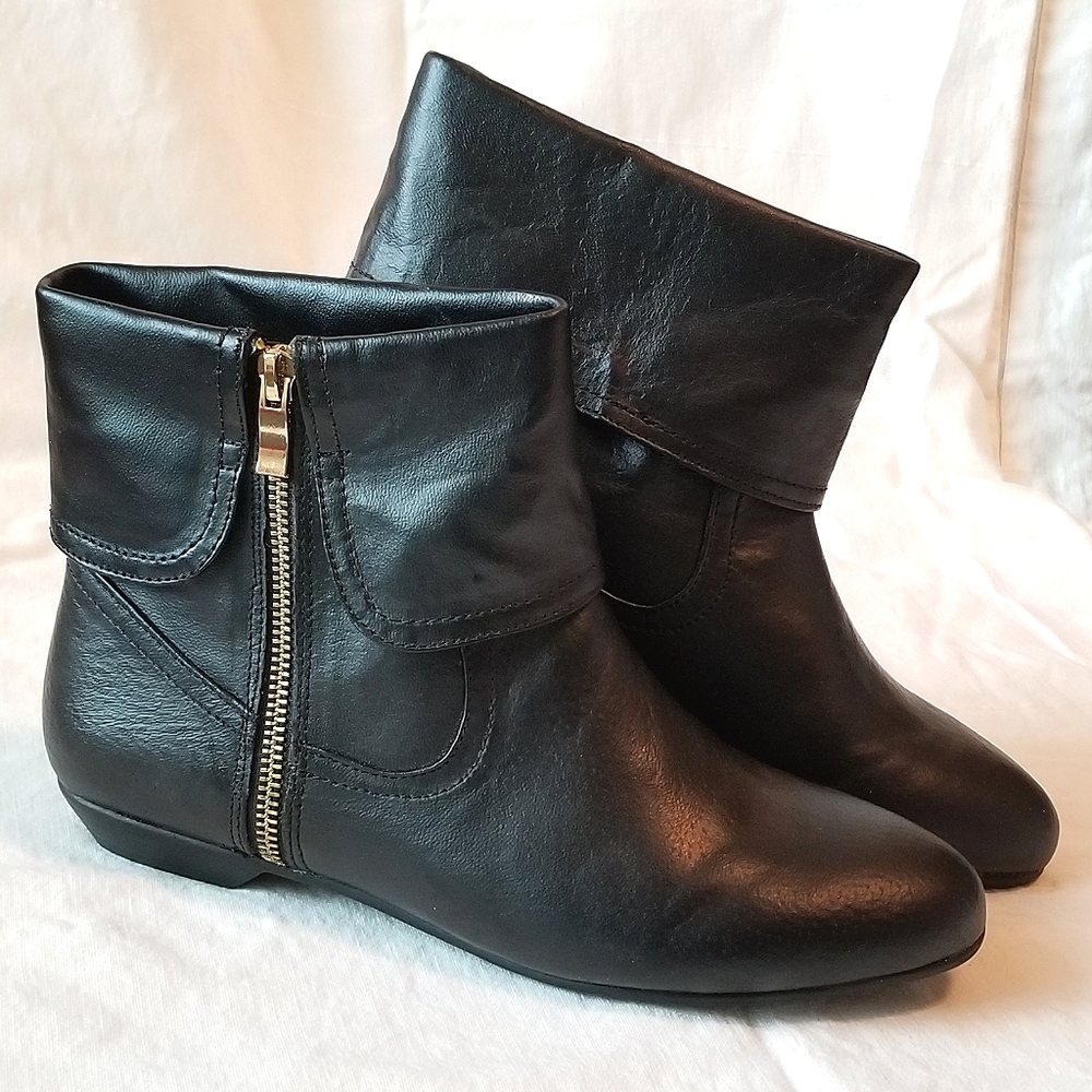 Black Leather Booties with Gold Zipper